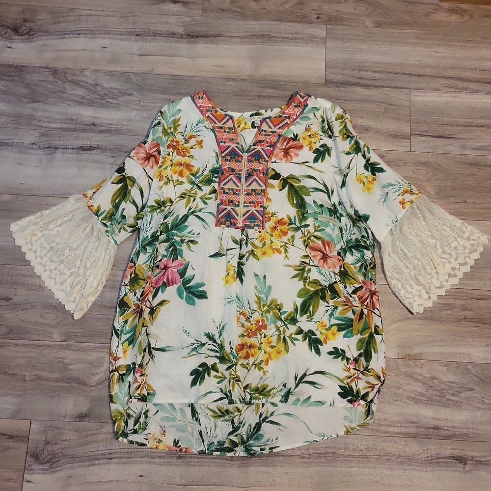 John Mark Linen Shirt‎ Womens Large Floral Embroidered V-Neck Tunic Blouse